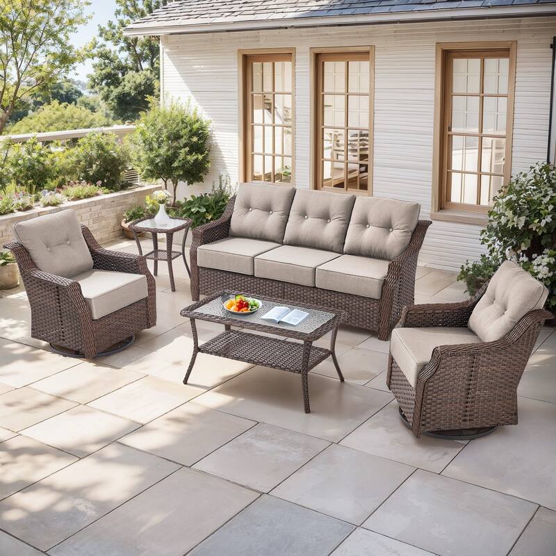 Gymojoy Wicker Patio Furniture Sofa Set, 6-Inch Ultra Thick Cushioned 360°Swivel Glider Chairs & Sofa Set - Brown Wicker / Beige Cusion - 5-Piece