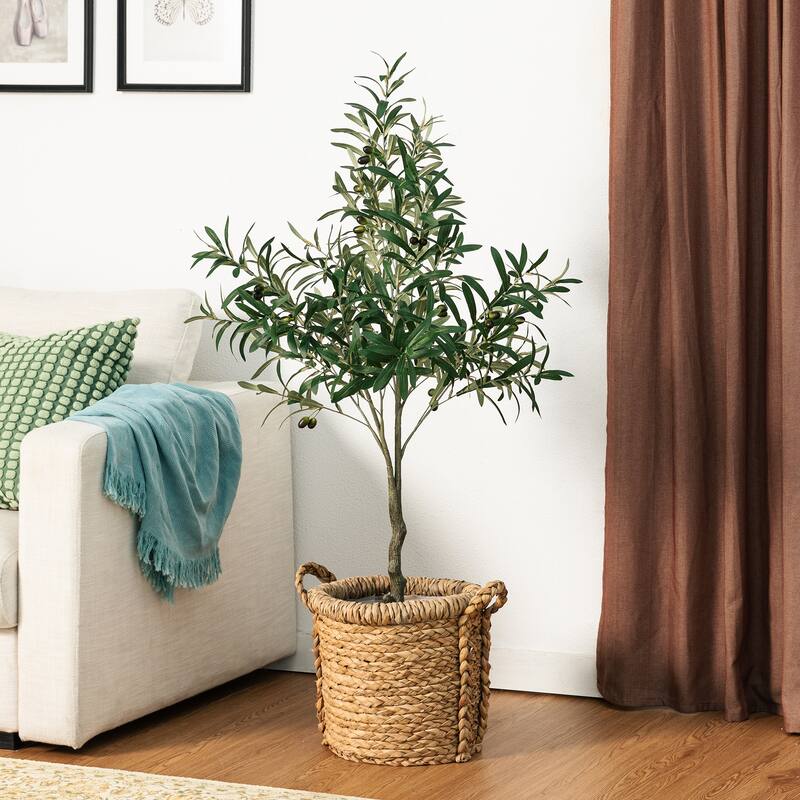 Glitzhome 4/6ft Faux Olive Tree with Black Pot Real Touch Artificial Plant
