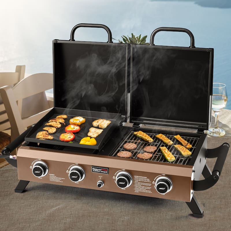 Royal Gourmet GD4002TPY 4-Burner Portable Tabletop Grill & Griddle Combo with Hood, 40,000 BTU, Bronze Gold - Golden
