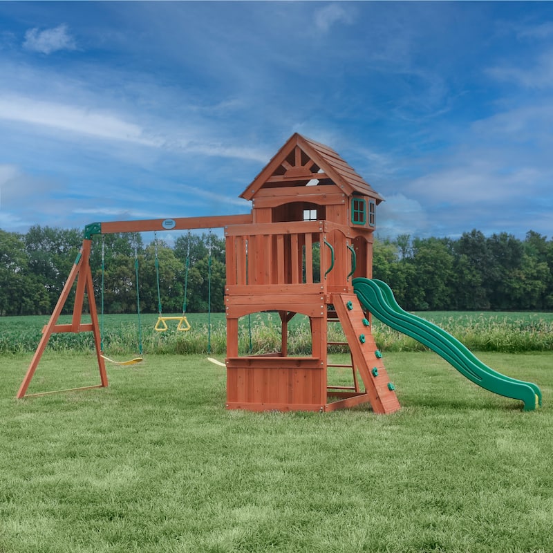 Backyard Discovery Atlantis Cedar Wood Swing Set, Slide, Clubhouse - 18'1" x 7'9"