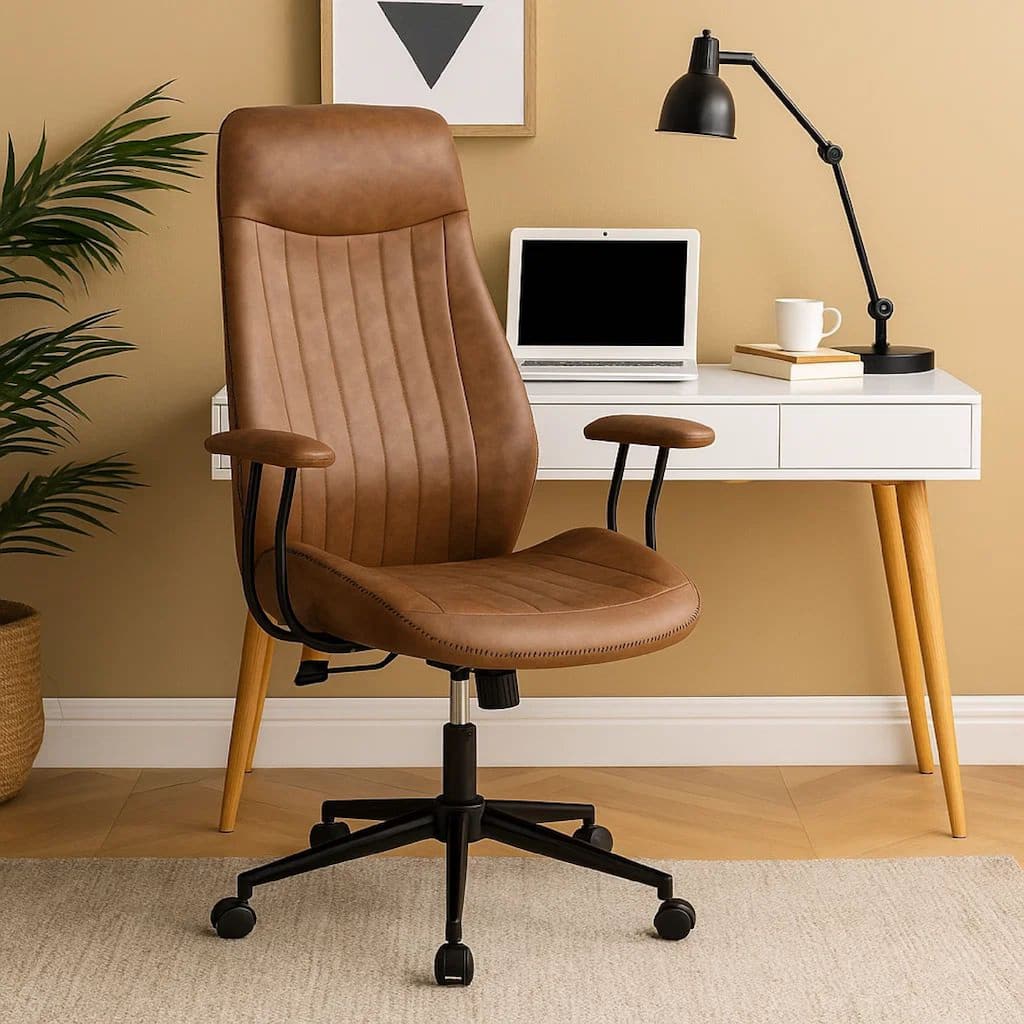 Anie Adjustable Desk Chair, Rolling Base, Brown Tufted Faux Leather