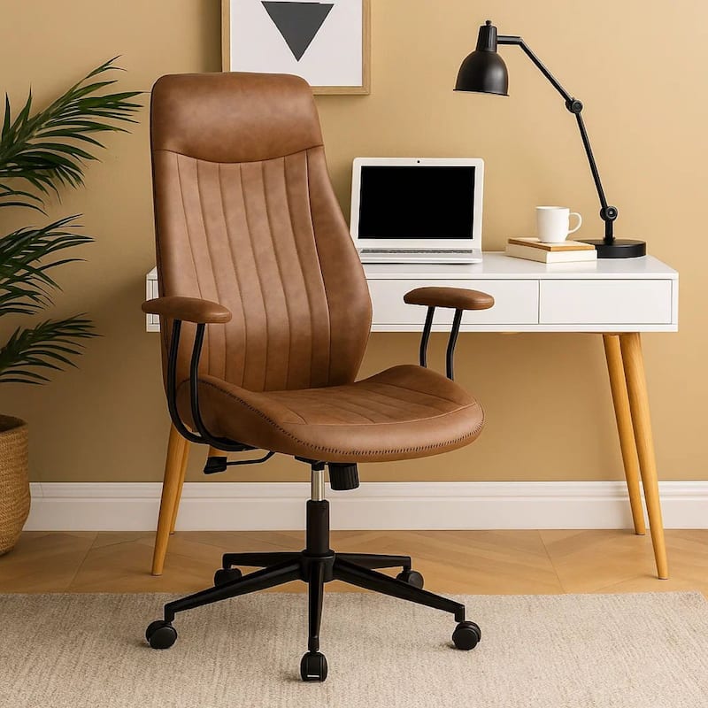 Anie Adjustable Desk Chair, Rolling Base, Brown Tufted Faux Leather