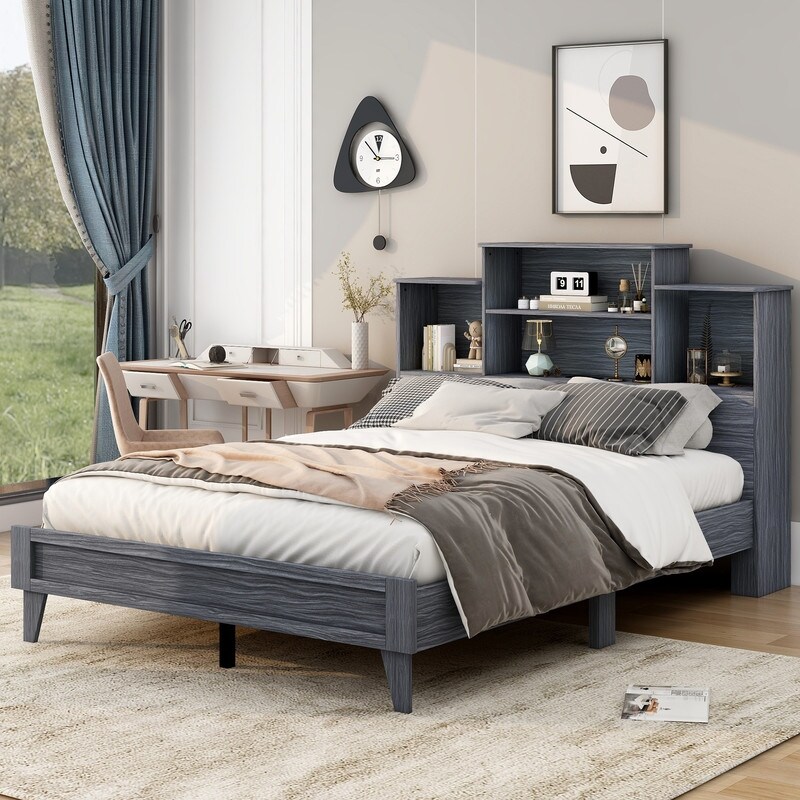 Queen storage bed with bookcase headboard discount