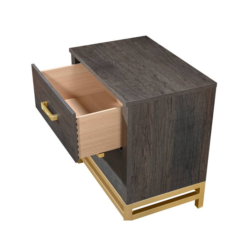 Contemporary Two-Drawer Nightstand with Gold Metal Handle in Gray