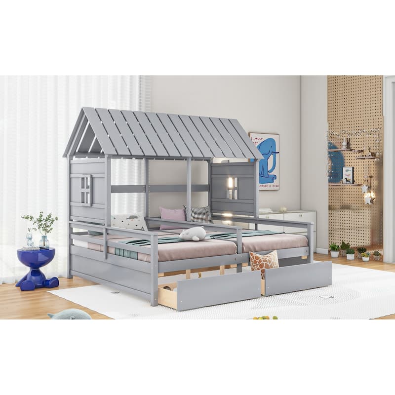 Gray Twin Solid Wood House Platform Beds with Drawers