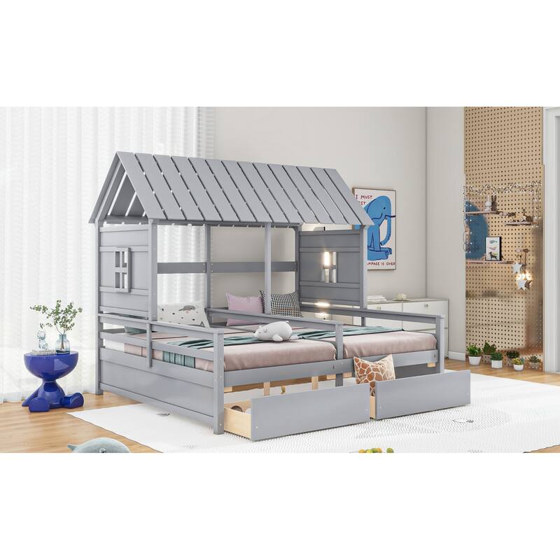 Wood Twin Size House Platform Beds with Two Storage Drawers, Roof Wooden Support Bed Frame, No Box Spring Needed for Boys