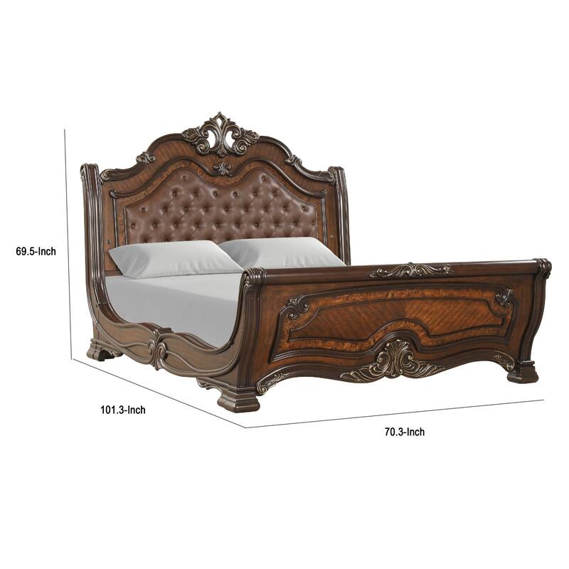 Ruth Queen Bed, Faux Leather Headboard with Burl Inlays, Mahogany Brown