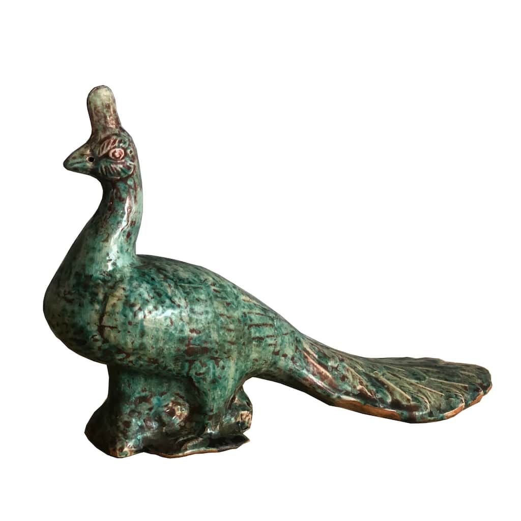 Speckled Green Porcelain Peacock Sculpture - 14x4x9.5