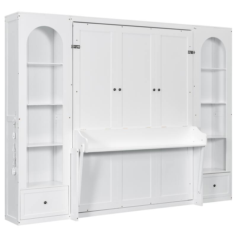 Queen Size Folding Platform Bed with Shelves, Cabinets, Drawers, and LED Lighting