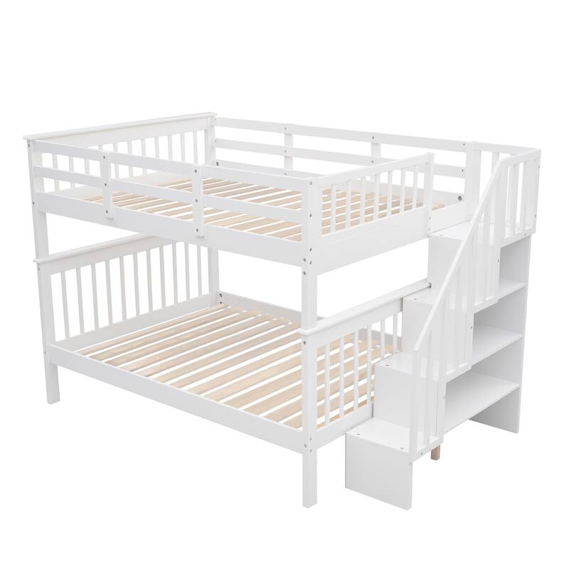 Full-Over-Full Bunk Bed with Storage Stairs and Guard Rail, White