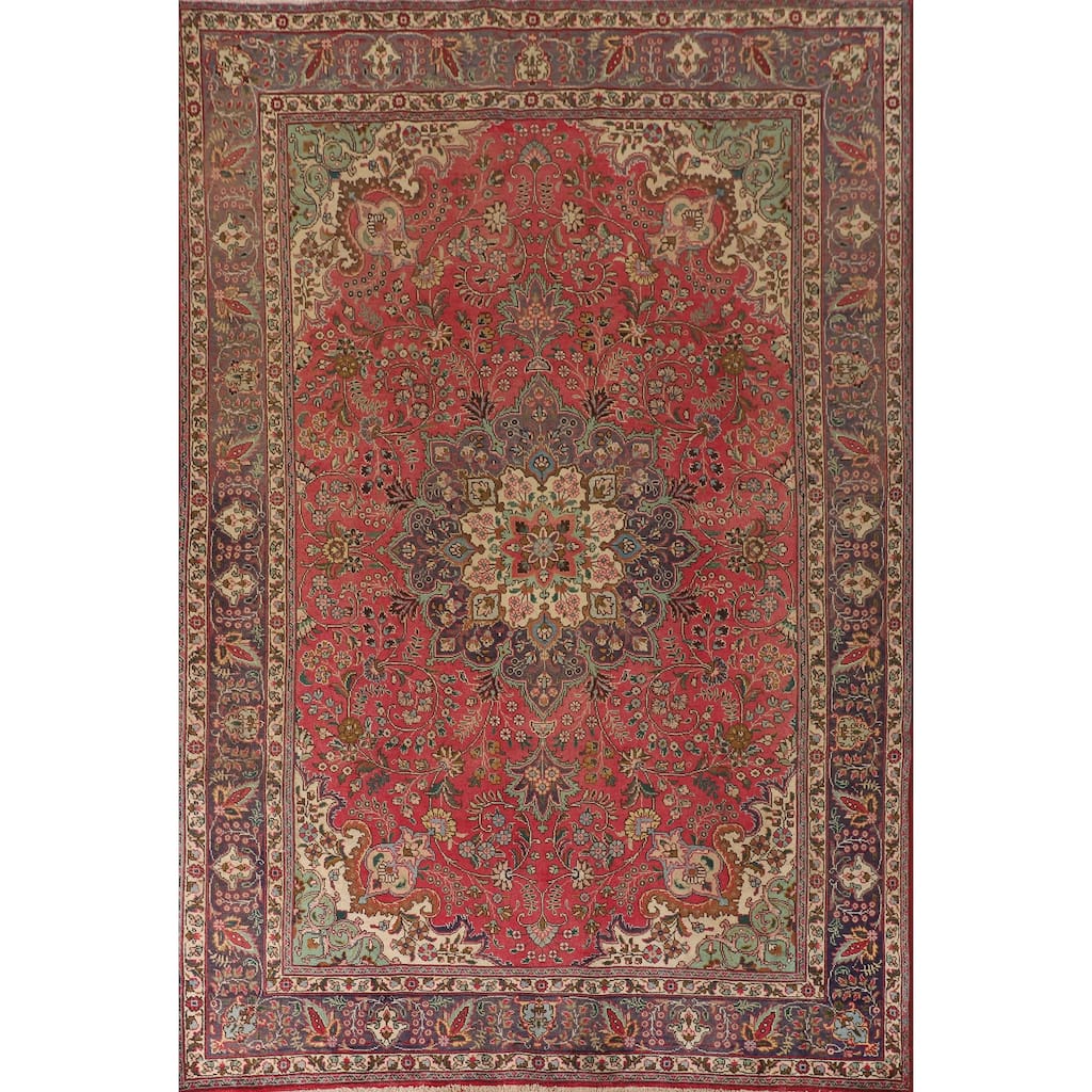 Tabriz Persian Vintage Area Rug Hand-Knotted Pink Wool Carpet - 6'8"x 9'7"