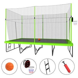 10ft by 17ft Rectangule Trampoline with Green Fabric Black Powder-coated Galvanized Steel Tubes with Basketball Hoop System Adva
