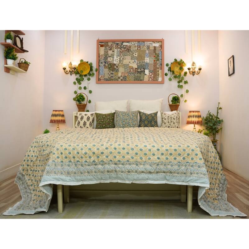 Fabdivine Luxury Hand Block Print Cotton Quilt Yellow Green Floral, Boho Bedding for Bedroom & Sofa Reversible Artisan Bedspread