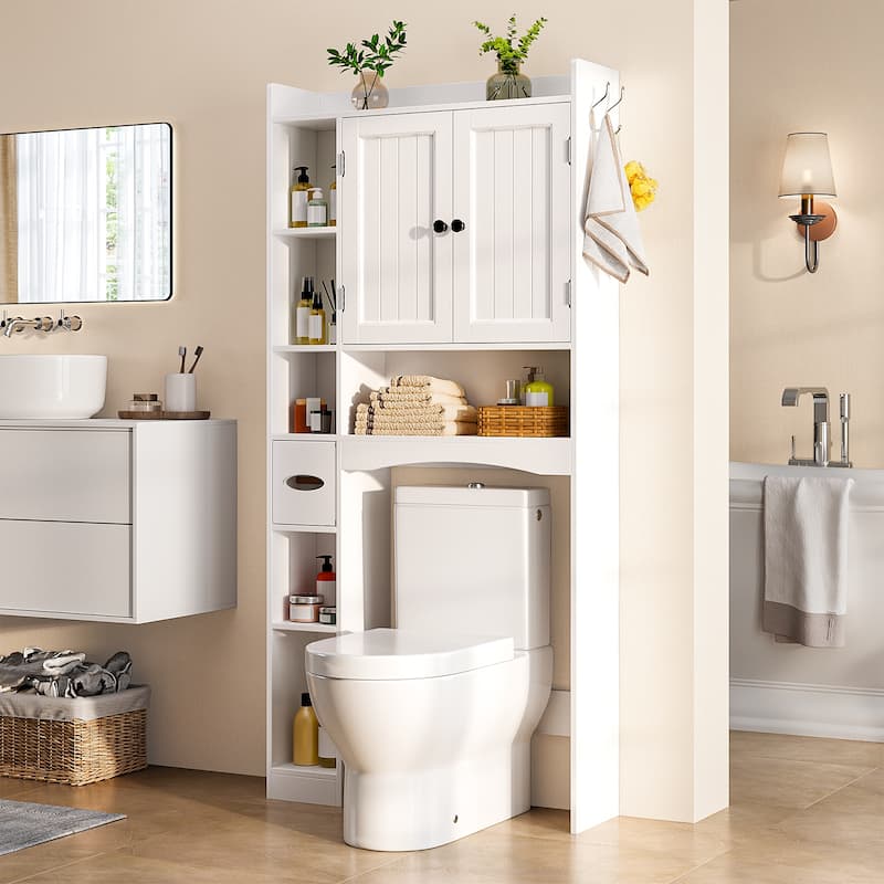 66''H Over The Toilet Storage Cabinet, Bathroom Storage Organizerwith 2 Doors, Paper Holder and Racks, Adjustable Shelf - White - Wood Finish