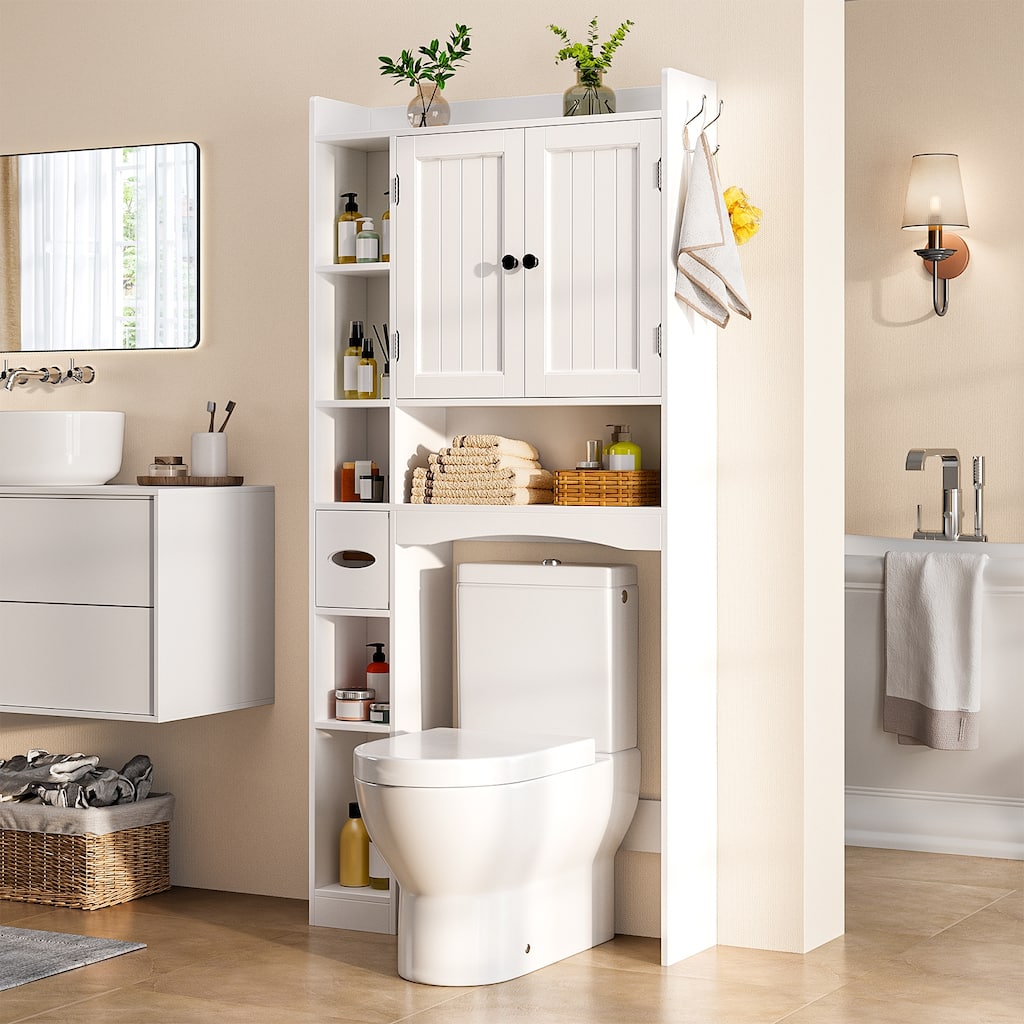 66''H Over The Toilet Storage Cabinet, Bathroom Storage Organizerwith 2 Doors, Paper Holder and Racks, Adjustable Shelf