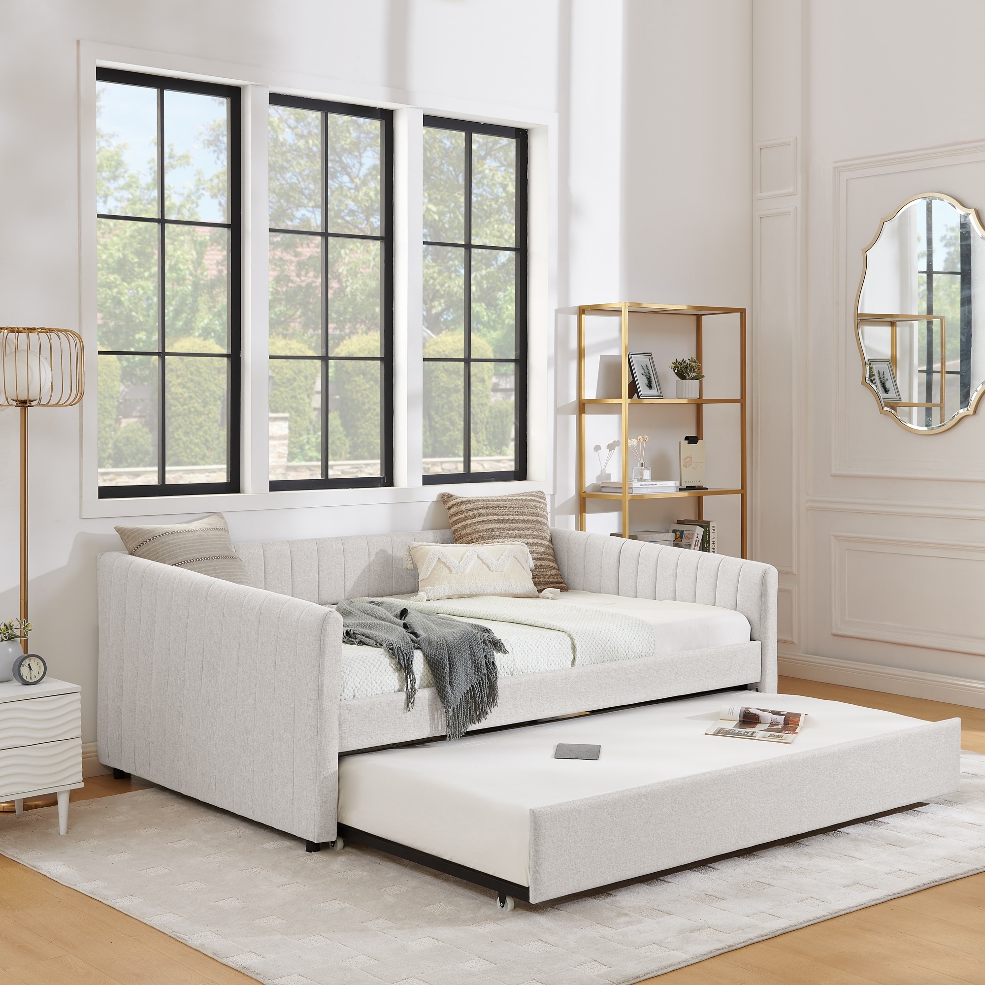 Full Size Linen Daybed with Storage and Vertical Stripe Backrest
