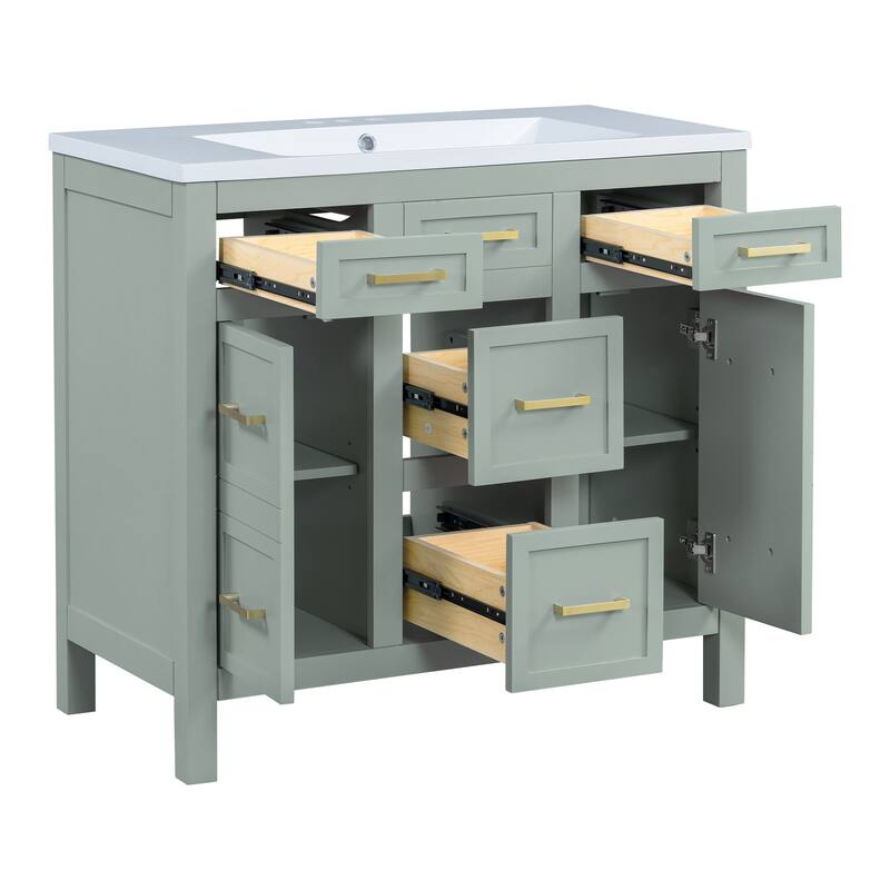 36" Bathroom Vanity Cabinet with Center Rectangular Resin Sink, 4 Drawers Bathroom Storage Cabinet w/ Adjustable Shelves, Green