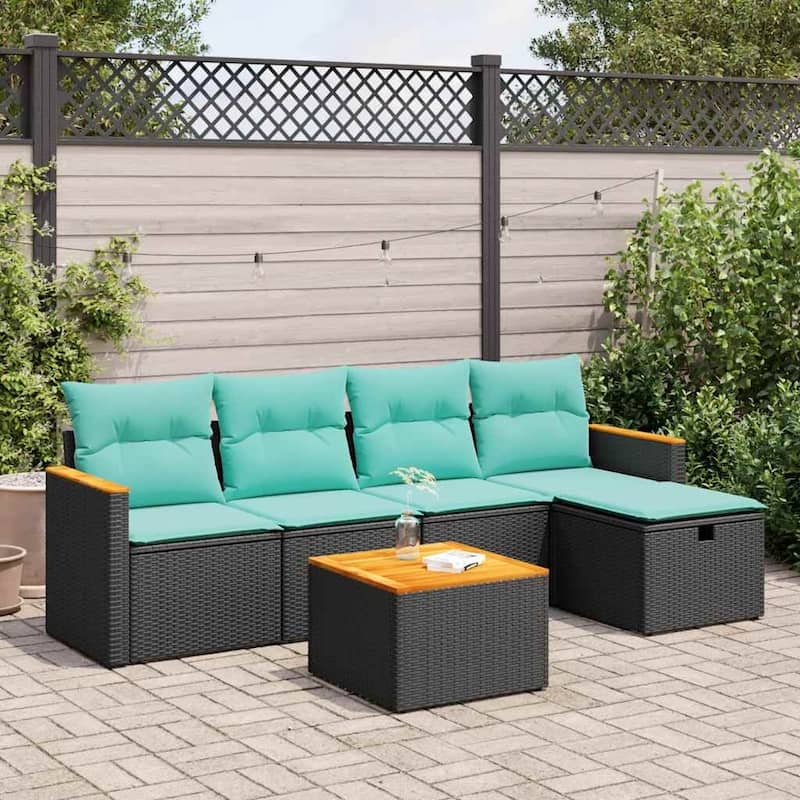 vidaXL Patio Sofa Set with Cushions Outdoor Conversation Furniture Poly Rattan - 21.7" x 24.4" x 27.2" - Black with storage