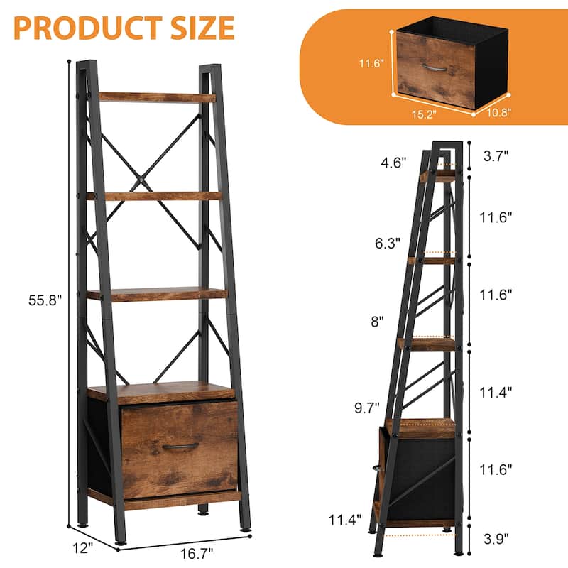 5-Tier Slanted Bookshelf with Fabric Drawer, Wood Storage Shelf