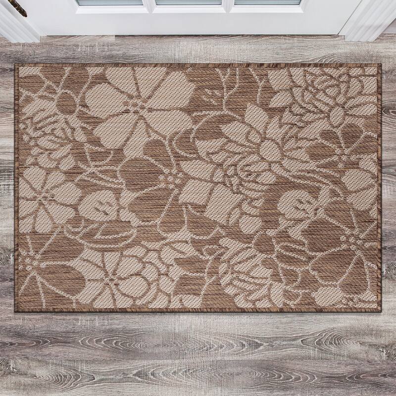 World Rug Gallery Modern Floral Flowers Textured Flat Weave Indoor/Outdoor Area Rug