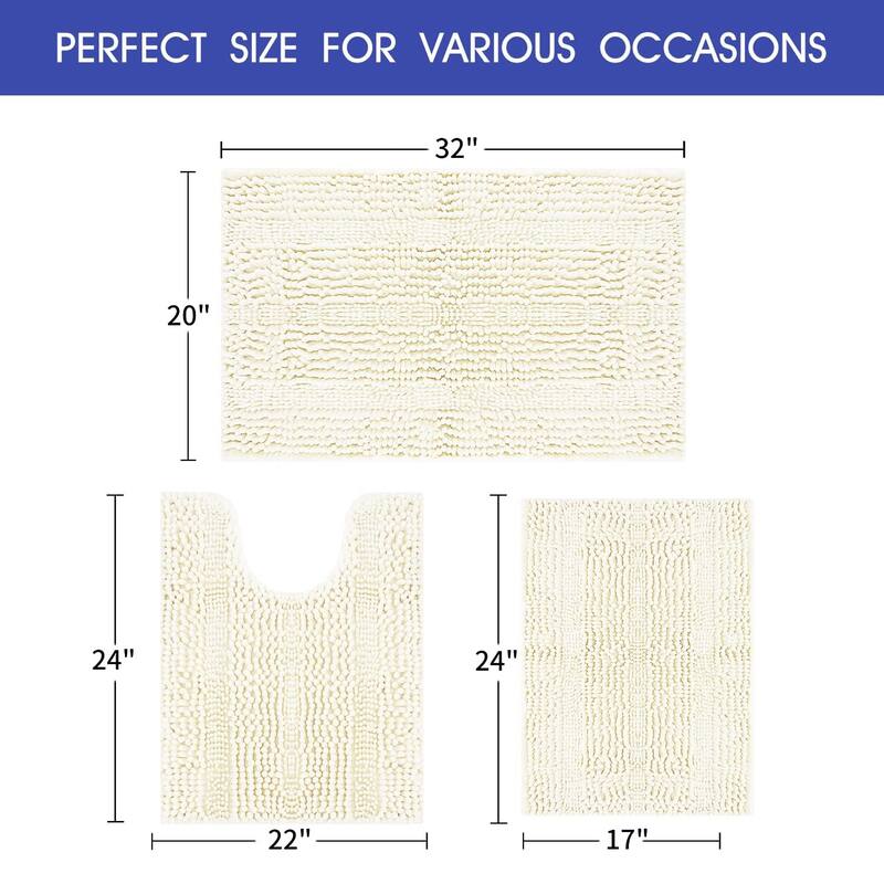 Ultra Soft Striped Non Slip Chenille Bathroom Rug Set 3 Pieces
