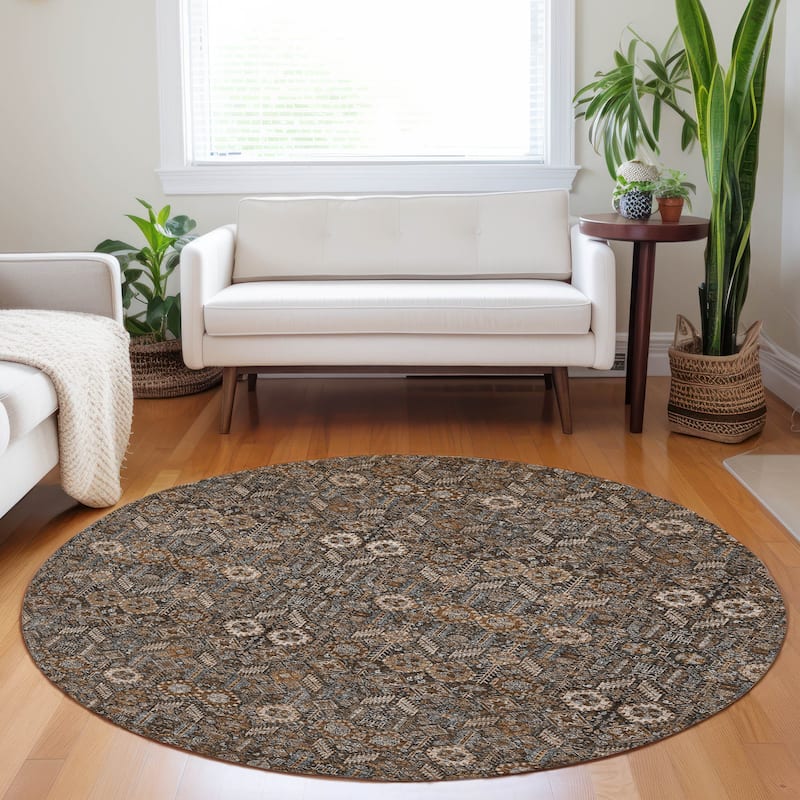 Machine Washable Indoor/ Outdoor Traditional Boho Chantille Rug - Chocolate - 8' x 8'