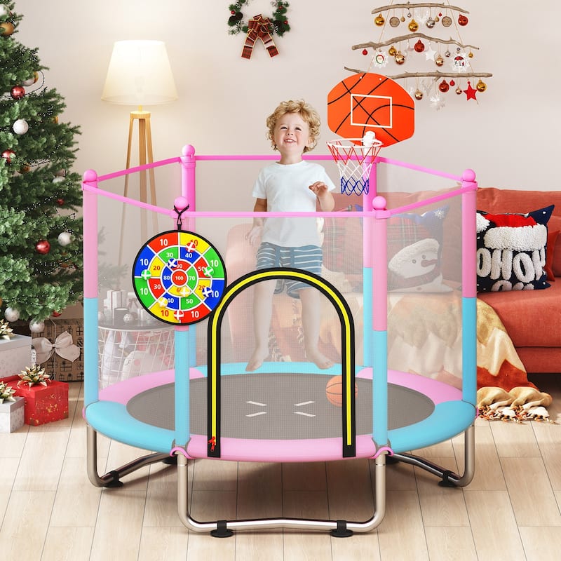 60 inch Kids Trampoline Toddler Recreational Trampoline with Basketball Hoop-Macaron - Multi