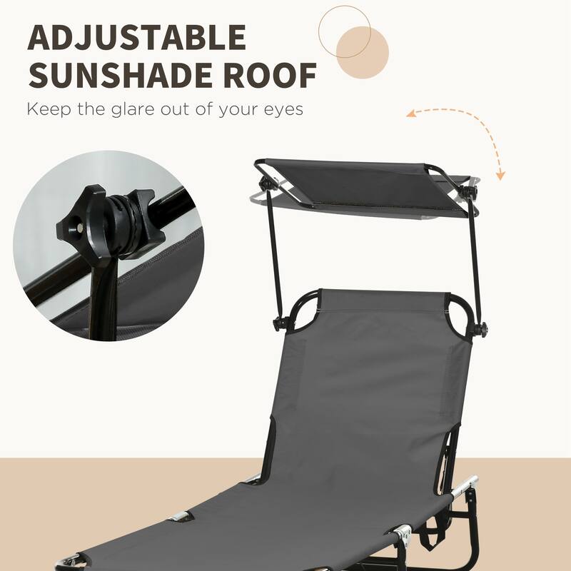 Outsunny Folding Chaise Lounge Pool Chairs with Canopy Shade, Reclining Back, Steel Frame and Side Pocket, 2 Piece