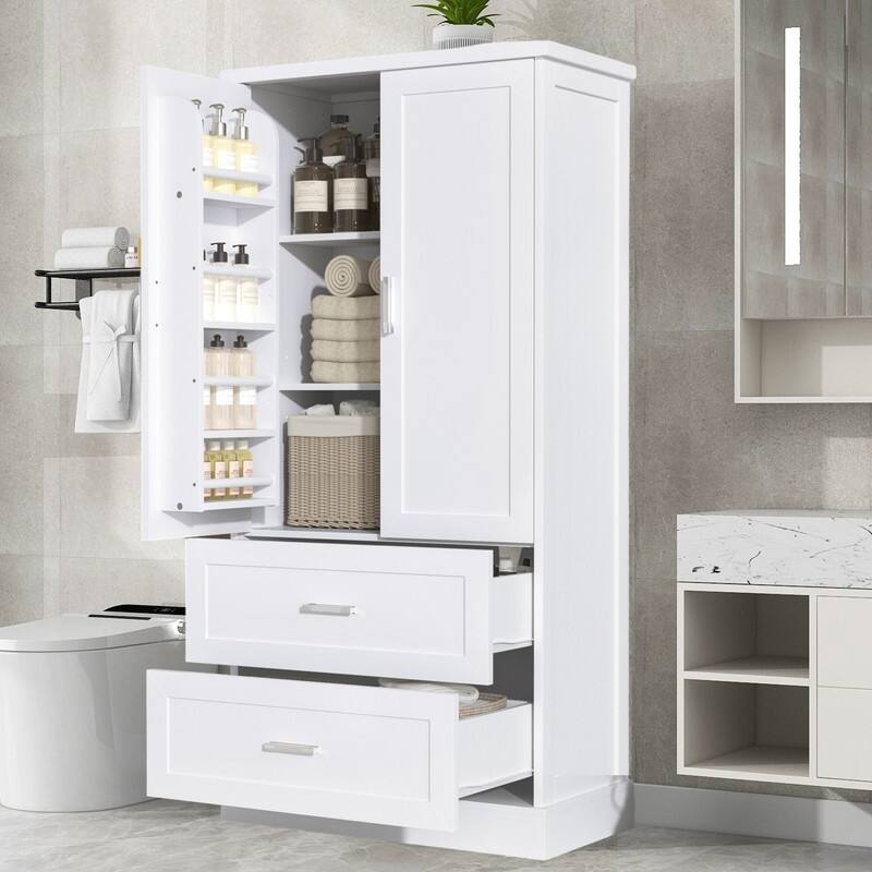 Tall Bathroom Storage Cabinet, Freestanding Floor Cabinet with Two Doors and Drawers, Adjustable Shelf