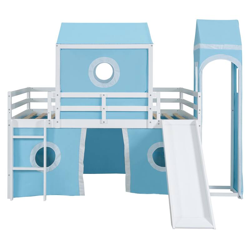 Solid Wood Loft House Bed with Slide Tent, Tower, Ladder, and Fence Baffle for Bedroom