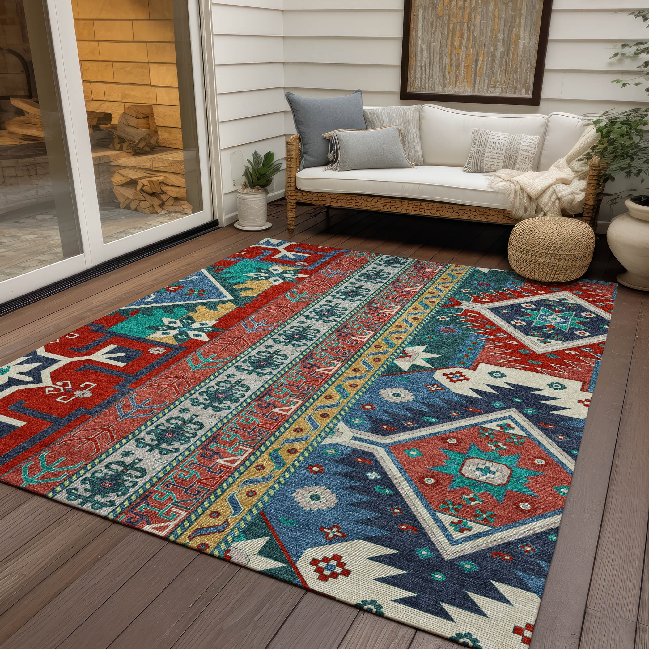 Machine Washable Indoor/ Outdoor Boho Tribal Chantille Rug