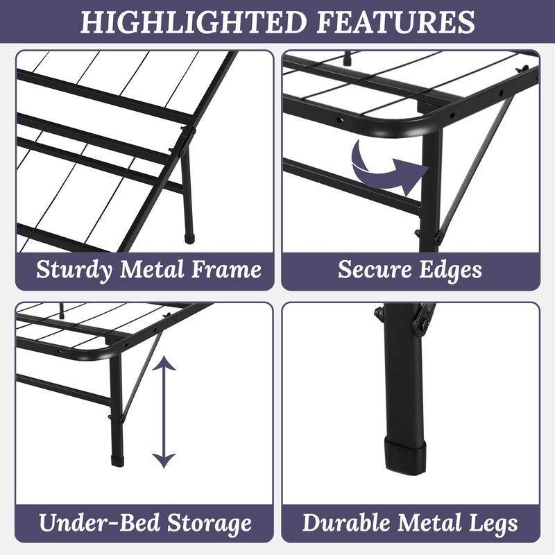 Heavy Duty Foldable Bed Frame with Steel Metal Slats Mattress Foundation