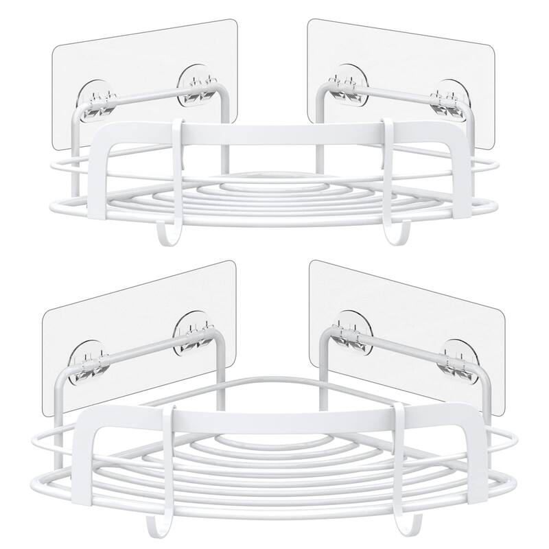 2 Pack Adhesive Wall Mounted Shower Caddy with 4 Movable Hooks - White