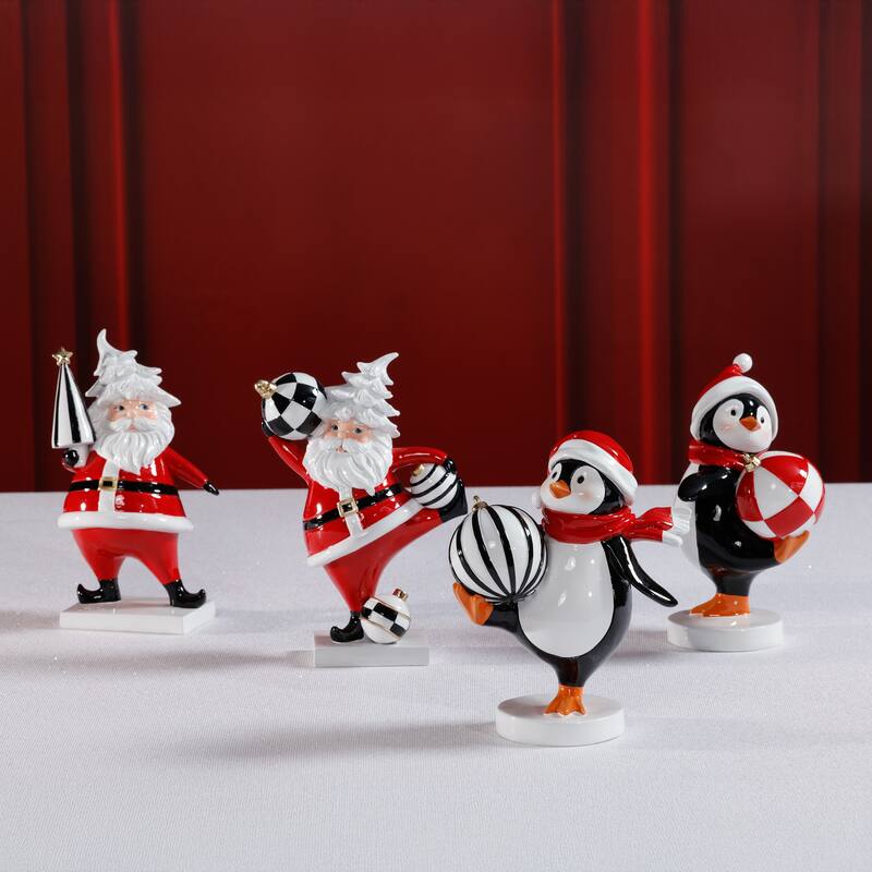Festive Four Santa & Penguin Figurines, Set of 4, Holiday Decoration, 7" Tall - Red, White, Black