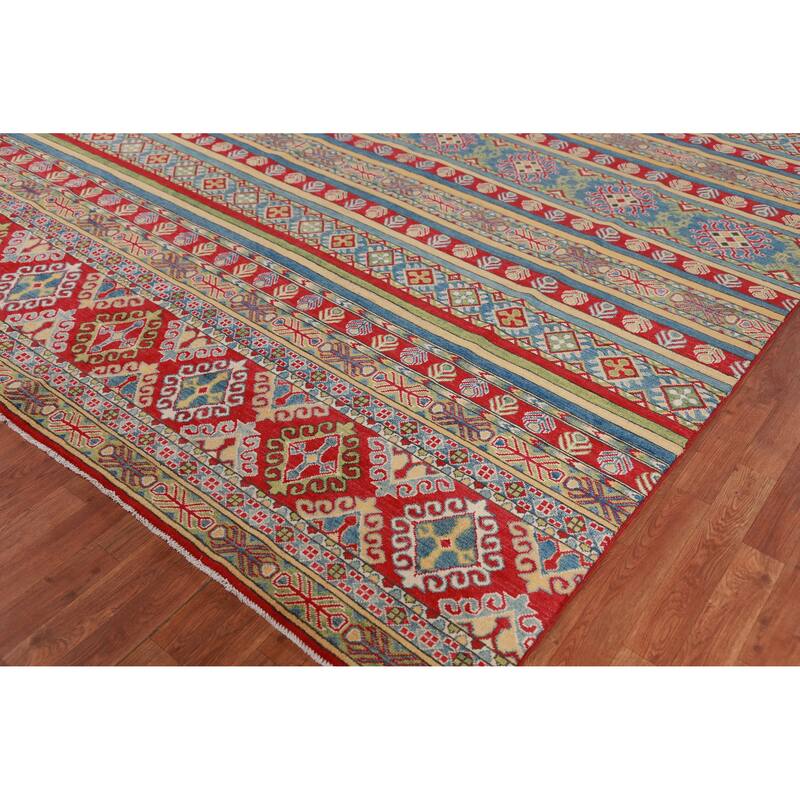 Hand Knotted Oriental 100% Wool Carpet Traditional Geometric Multi-Colored Kazak Area Rug - 11' 9'' X 8' 3''