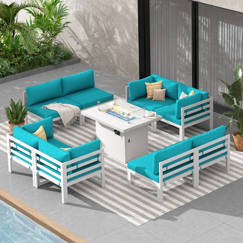 9-Piece Modern Aluminum Outdoor Furniture Set With Fire Pit Table Propane/Gas 60,000 BTU, Extra Large Aluminum Patio Sectional - White Frame - Teal