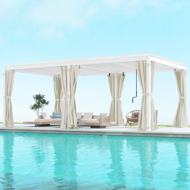 Outsunny 12' x 19' Louvered Pergola Hardtop Gazebo with Adjustable Aluminum Roof and Frame, Outdoor Pergola with Curtains