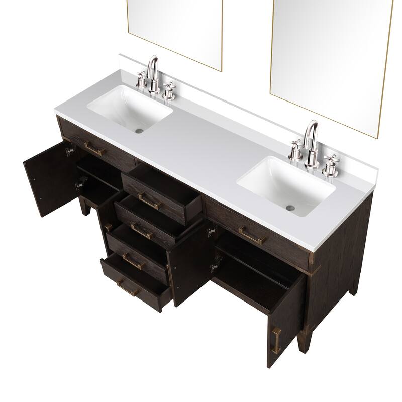 Laurel 60 in W x 22 in D Black Oak Double Bath Vanity, White Quartz Top, Faucet Set, and 28 in Mirrors