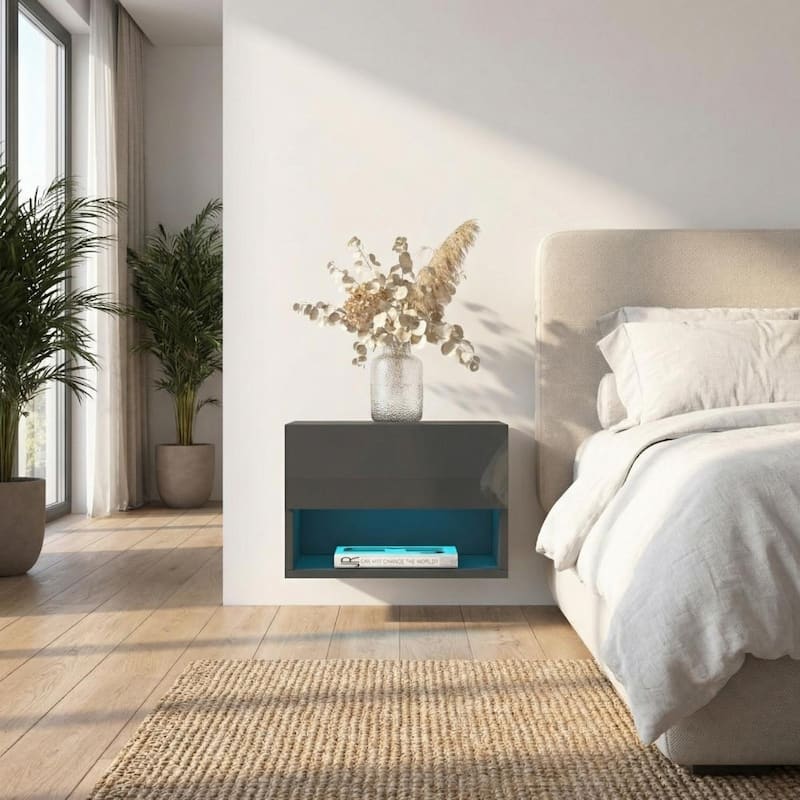 Meble Furniture Air Modern Floating Wall-Mounted Nightstand 19.7"W x 15.7"D x 13.5"H White LED Lighting European Design