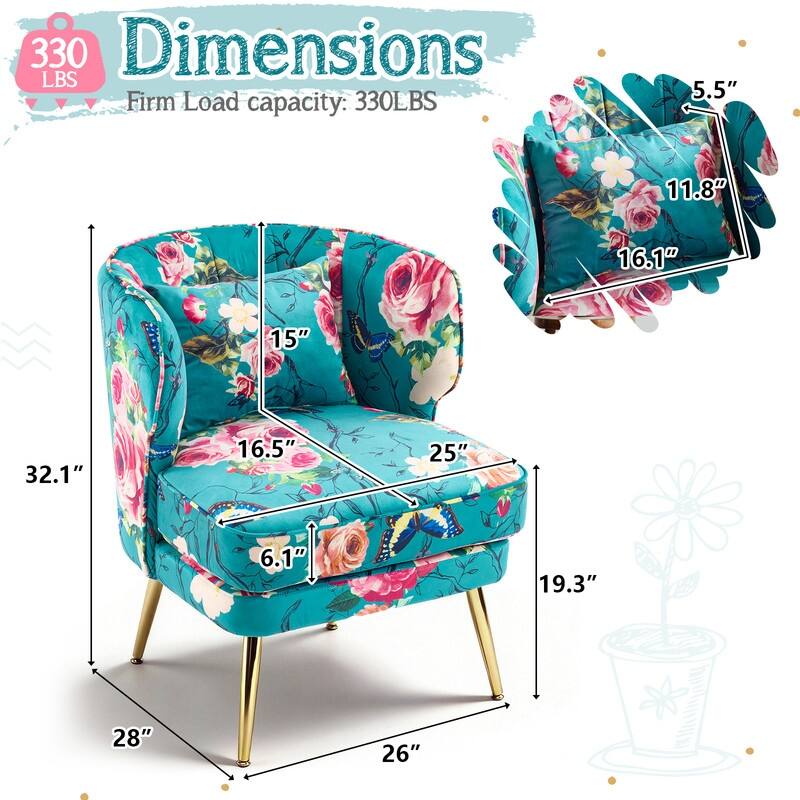 Mid Century Modern Upholstered Reading Chair with Lumbar Pillow, Gold Metal Legs, Small Space Friendly for Living Room Bedroom