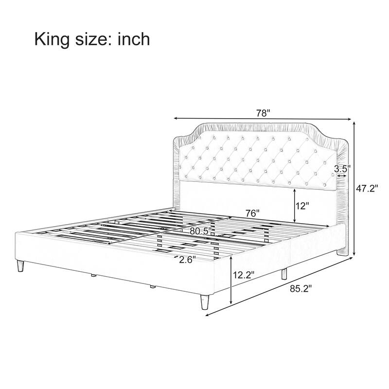 Queen Size Bed Frame with Ruched Velvet Upholstered Headboard and No Box Spring Needed, Button Tufted Design