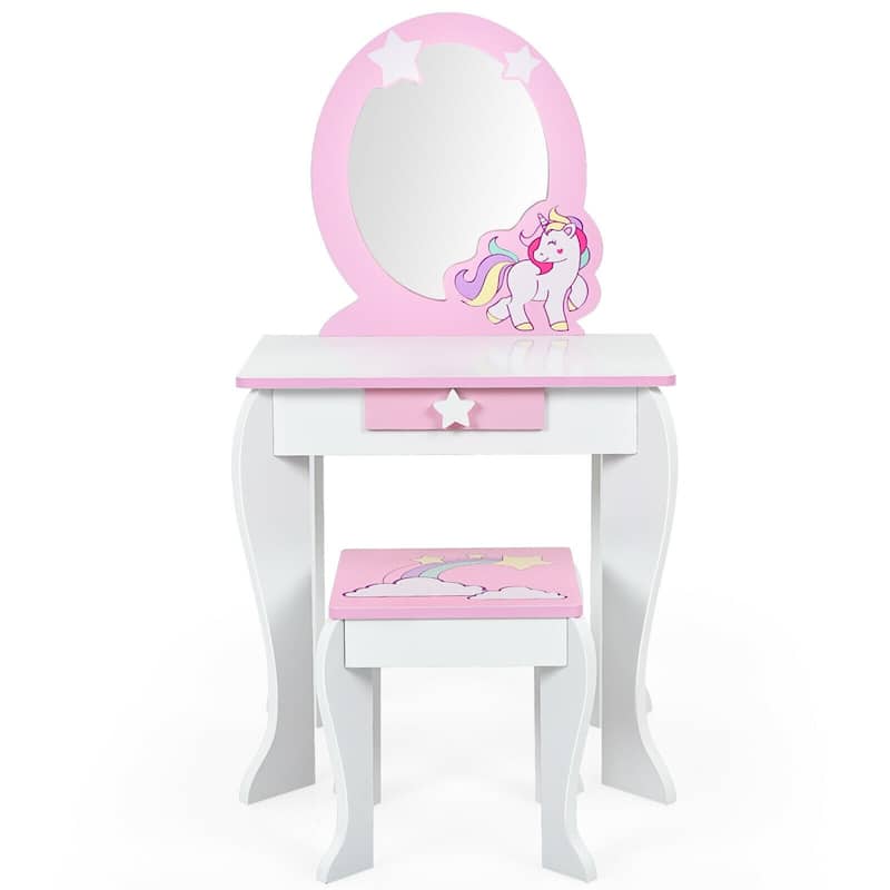 Kids Wooden Makeup Dressing Table and Chair Set with Mirror and Drawer - 19" x 14" x 35" (L x W x H)