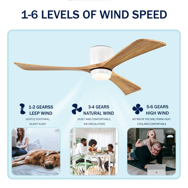 52 inch Flush Mount Ceiling Fan with Lights and Remote, Solid Wood Low Profile Ceiling Fan with 6 Speed Reversible DC Motor