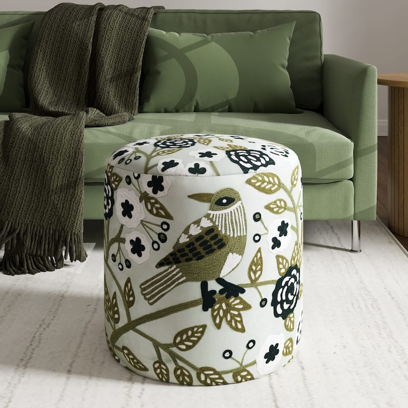 Handmade Embroidered Round Pouf Ottoman - 18" - Cream and Green