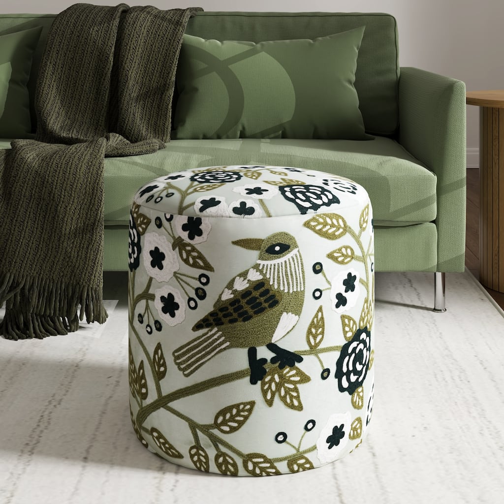 Handmade Embroidered Round Pouf Ottoman - 18" - Cream and Green