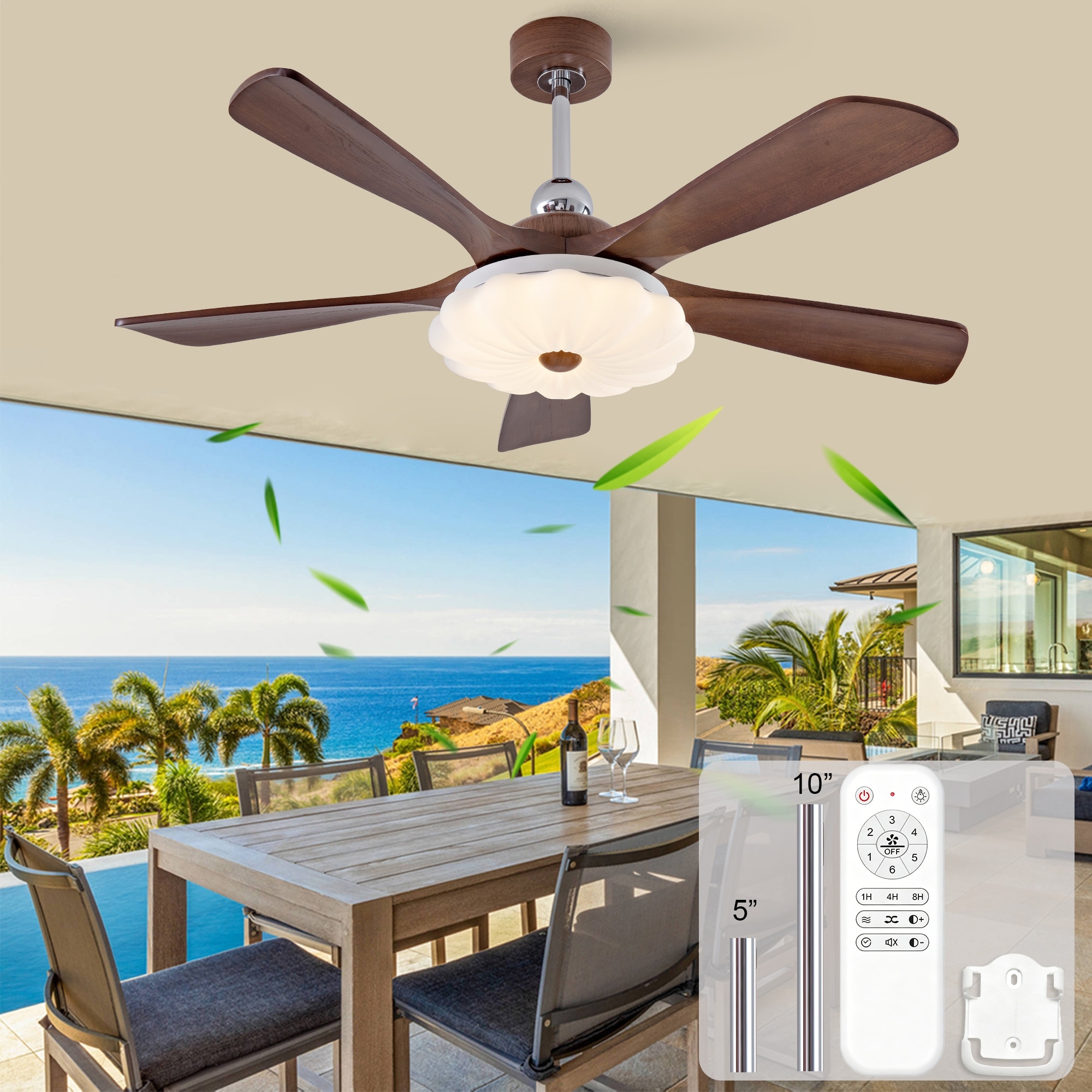 52 Inch five-blade wooden ceiling fan,3CCT,power-off memory function,six-speed settings with forward and reverse rotation