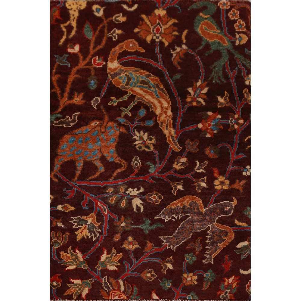 Animals Design Red Ziegler Oriental Foyer Rug Hand-Knotted Wool Carpet - 2'0"x 3'0"