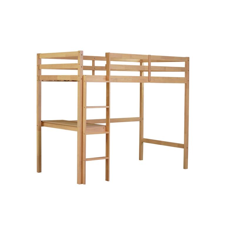 Twin Size High Loft Bed with Desk Underneath, Rubberwood Frame, Safety Guardrail and Ladder for Teens, Kids, Dorm or Bedroom