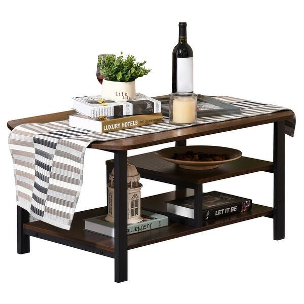 and Adjustable Shelves HOMCOM Farmhouse Coffee Table with Sliding Mesh Barn Door Storage Cabinet Dark Brown