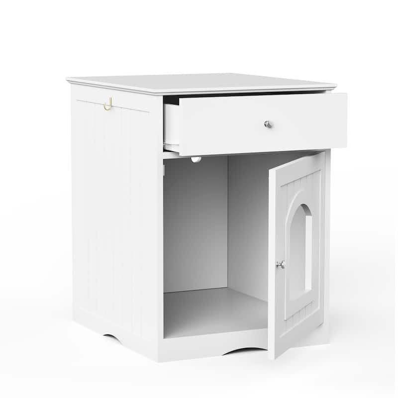 Wooden Pet House Cat Litter Box Enclosure with Drawer, Side Table, Indoor Pet Crate, Cat Home (White)